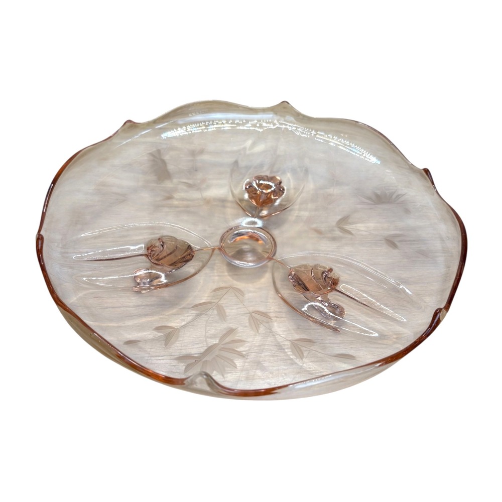 Vintage Lancaster Pink Depression‎ Footed Glass Cake Plate Jubilee Petal USA 10"